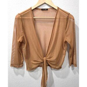 Papermoon Sheer Mesh Tan Tie-Front 3/4 Sleeve Lightweight Cardigan Size M